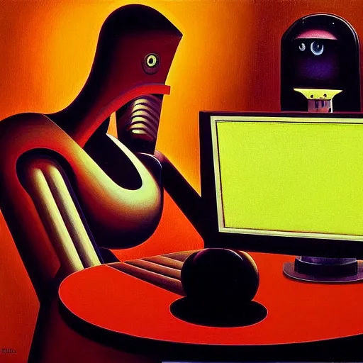 Prompt: a mesmerized robot staring at a computer screen, portrait, pj crook, grant wood, edward hopper, syd mead, chiaroscuro, oil on canvas