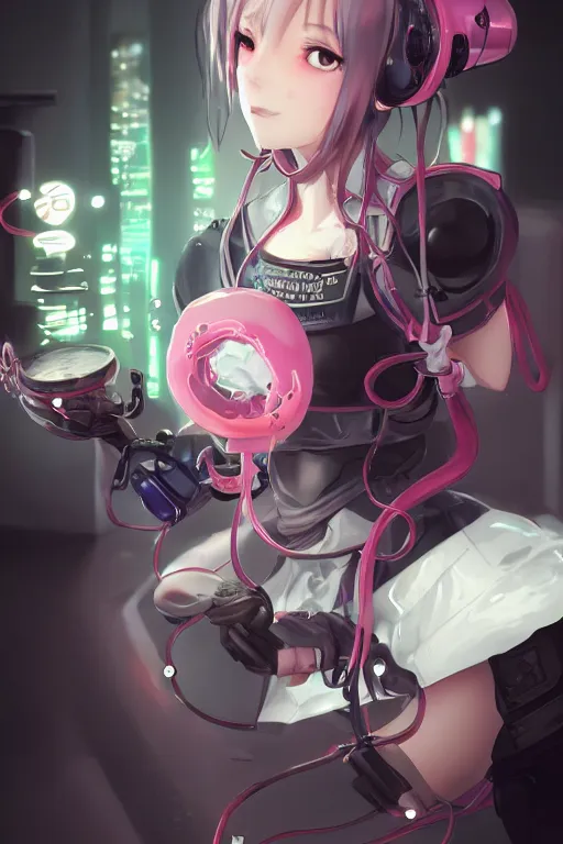 Prompt: a cute cyberpunk android maid girl cooking octopus, character art portrait, anime key visual, official media, illustrated by wlop, extremely detailed, 8 k, trending on artstation, cinematic lighting, beautiful,