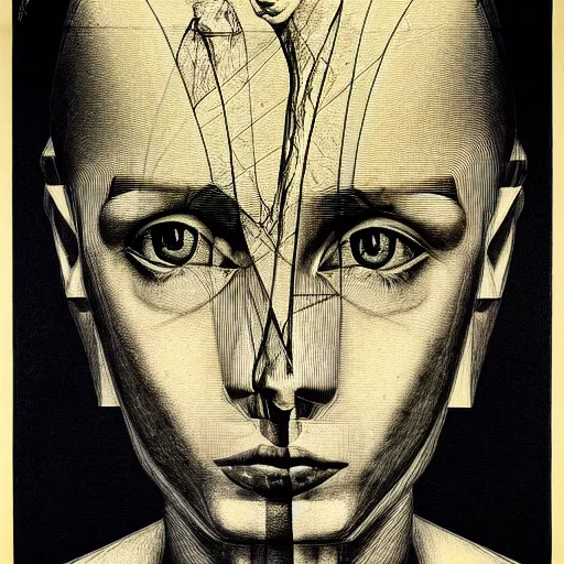 Prompt: lithography and etching polish poster conceptual figurative post - morden monumental portrait, illusion surreal art, highly conceptual figurative art, intricate detailed illustration, controversial poster art, polish poster art, geometrical drawings, no blur