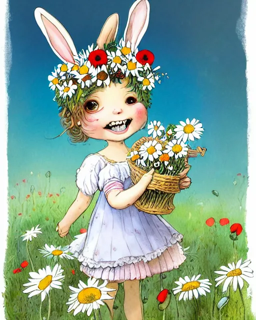 Image similar to a storybook illustration painting of a smiling happy cute bunny wearing a flower crown, daisies and poppies, by antoine de saint - exupery and annabel kidston and naomi okubo and jean - baptiste monge. a child storybook illustration, muted colors, soft colors, low saturation, fine lines, white paper