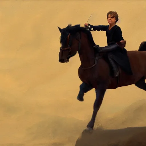 Image similar to anakin skywalker riding a pony, cinematic painting