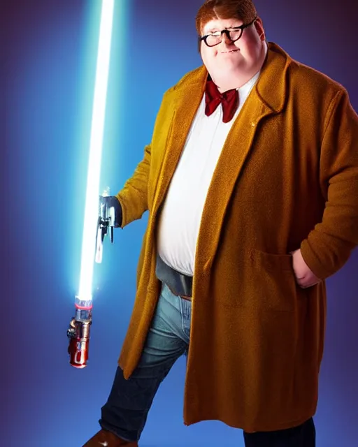 Image similar to Studio Photograph of a real life Peter Griffin from Family Guy dressed as Han Solo and Holding a glowing light saber in the Style of Annie Leibovitz,