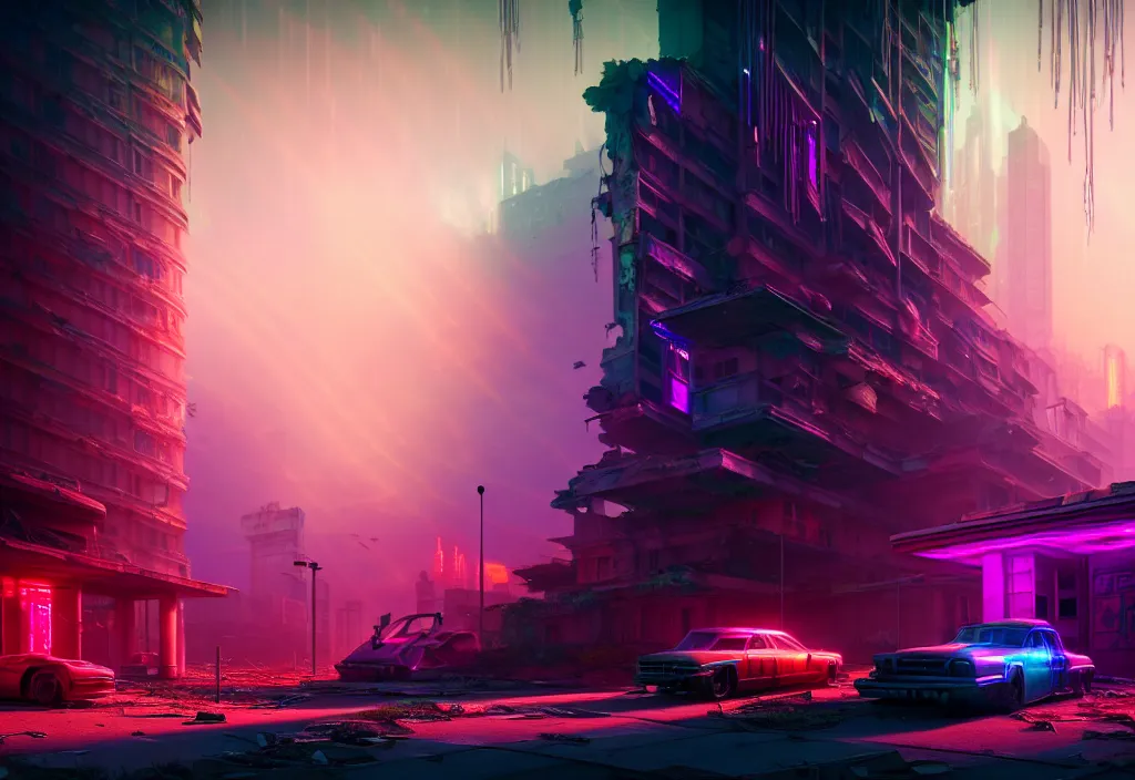 Image similar to A highly detailed crisp unreal engine render of A beautiful futuristic cyberpunk abandoned city building with neon like plants, perfect well made rainbow on the sky, sunlight breaking through clouds, debris on the ground, abandoned machines by wangchen-cg, 王琛,Neil blevins, artstation