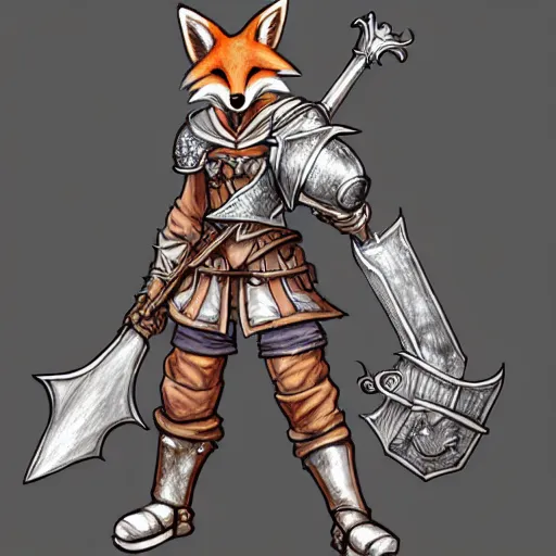 Prompt: heroic character design of anthropomorphic fox, whimsical fox, portrait, holy medieval crusader, holding enormous mace, final fantasy tactics character design, character art, whimsical, vibrant, stunning, lighthearted, colorized pencil sketch, highly detailed, Akihiko Yoshida