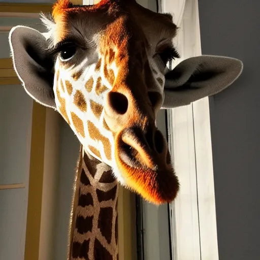 Prompt: foreground, giraffe girl. she has a very long neck and is fluffy. wool. beautiful attire. she looks in the windows. on the 3 rd floor. hyper - realistic photo. fantasy