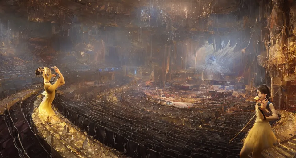 Image similar to craig mullins and ghibli digital art of inside the theater, on the stage, masked female violinists, exotic costumes, gold jewelry, black hair, solo performance unreal engine, hyper realism, realistic shading, cinematic composition, realistic render, octane render, detailed textures, photorealistic, wide shot