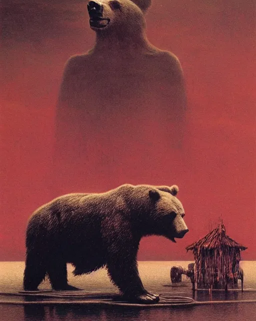 Image similar to giant terrifying bear god above a honey pond, scary, foreboding, mysterious minimalistic, by beksinski