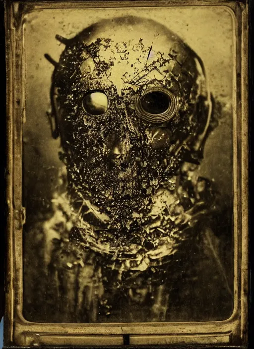 Prompt: old wetplate daguerreotype portrait of the birth of a masked dangerous super villain, explosion of data fragments, fractal, intricate, elegant, highly detailed, parallax, leica, medium format, subsurface scattering, by jheronimus bosch and greg rutkowski and louis jacques mande daguerre