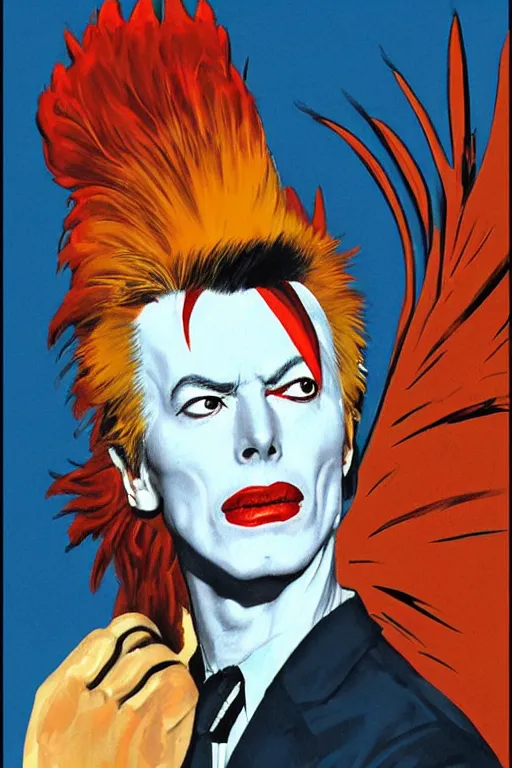 Image similar to scifi portrait of a rooster as David Bowie. McGinnis, pulp comic style, circa 1958, photorealism