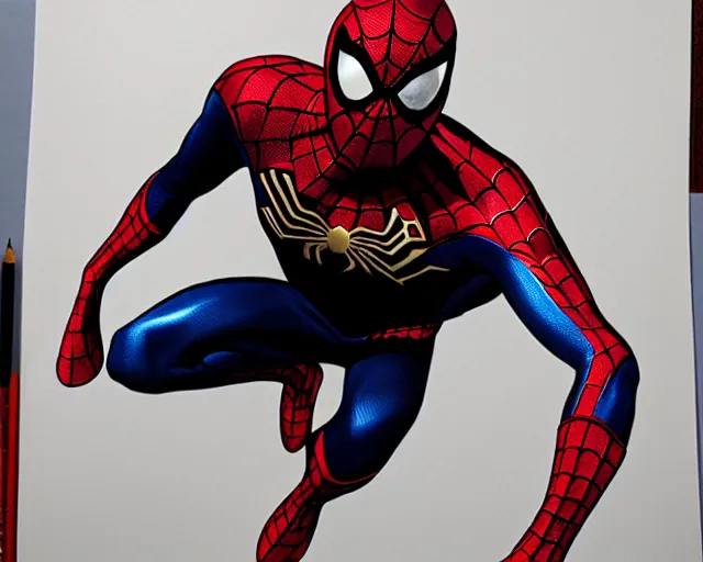 Image similar to photorealistic sketch of black spider - man with gold webbing