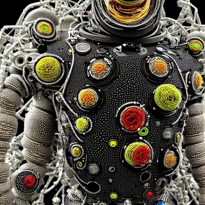 Image similar to a cybernetic symbiosis of a single astronaut mech-organic eva suit made of pearlescent wearing anodized thread knitted shiny ceramic multi colored yarn thread infected with kevlar,ferrofluid drips,carbon fiber,ceramic cracks,gaseous blob materials and diamond 3d fractal lace iridescent bubble 3d skin dotted covered with orb stalks of insectoid compound eye camera lenses orbs floats through the living room, film still from the movie directed by Denis Villeneuve with art direction by Salvador Dalí, wide lens,