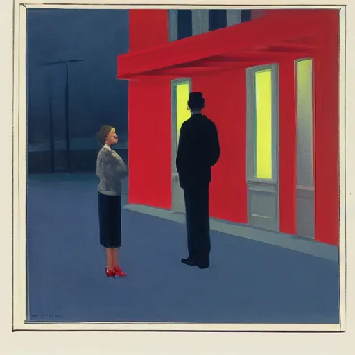 Image similar to a man spying on a couple that is arguing in the middle of the street at night, in the style of Edward Hopper, 4k,