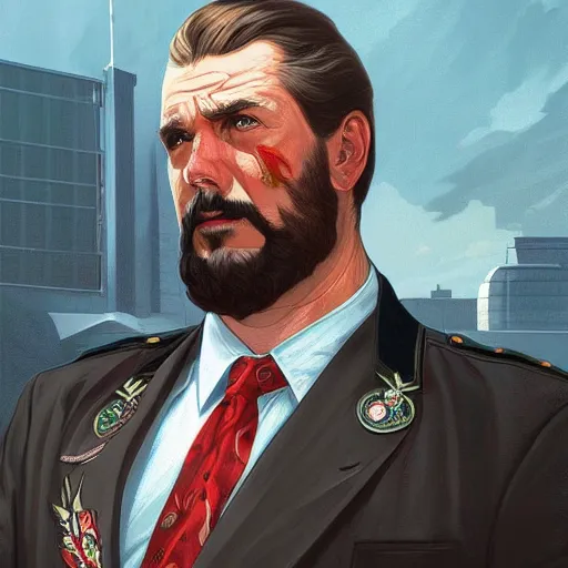 Image similar to [RiffRaff as the president of Canada as a GTA character, propaganda, closeup, D&D, intricate, elegant, highly detailed, digital painting, artstation, concept art, matte, sharp focus, illustration, art by Artgerm and Greg Rutkowski and Alphonse Mucha]