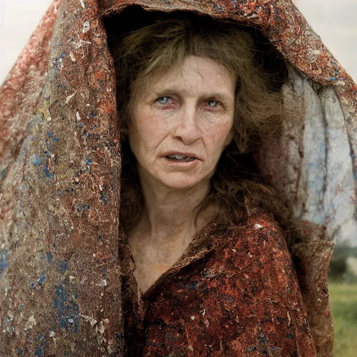 Image similar to closeup portrait of a woman wearing a cloak made of toys, standing in a desolate abandoned house, by Annie Leibovitz and Steve McCurry, natural light, detailed face, CANON Eos C300, ƒ1.8, 35mm, 8K, medium-format print