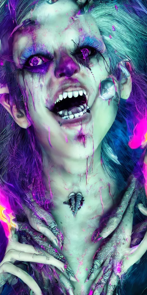 Image similar to impossibly beautiful vampire with large vampire fangs, full body, intricate complexity, horror, psychedelic glitch art, rainbow drip paint, trending on art station, photoreal, 8k, octane render
