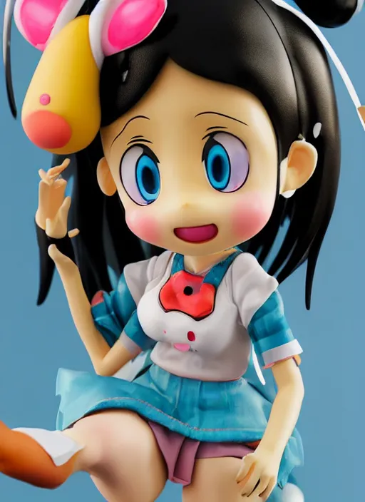 Prompt: a hyperrealistic oil painting of a looney kawaii vocaloid figurine caricature with a big dumb goofy grin, rosy cheeks with freckles, and pretty sparkling anime eyes featured on Wallace and Gromit by Makoto Shinkai