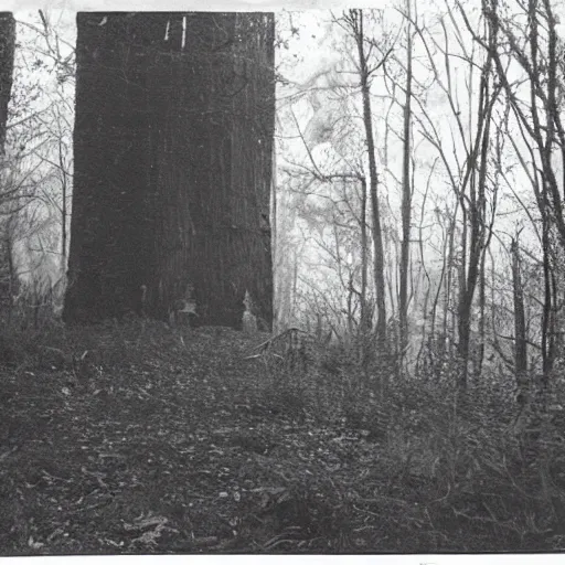Image similar to A vintage photograph of a creepy and scary alien sight in the woods at night, macabre W- 768
