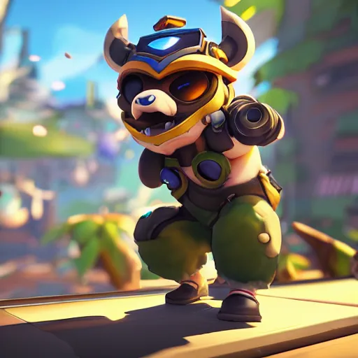 Image similar to teemo is the newest overwatch character, kings row in the background, octane render, blender render, unreal engine, standing pose, cinematic lighting, symmetrical