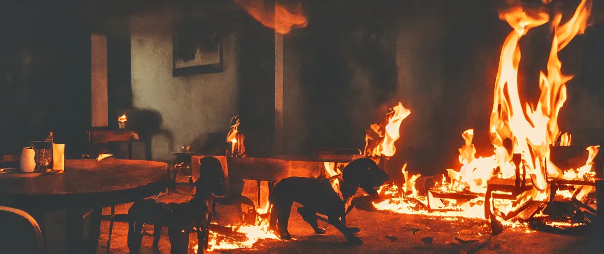 Image similar to a photograph of a big fire on a dining room on fire, only remains a wooden table and a chair (no fire at all there), an human-like relaxed dog sitting at this table, ☕ on the table, surrounded by flames, a lot of flames behind the dog, black smoke instead of the ceiling, no watermark