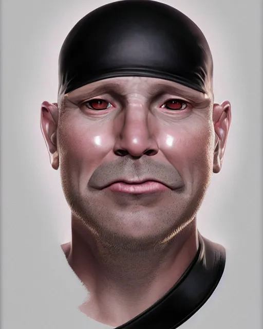 Image similar to portrait of a 4 0 - year - old bald man without nose, with a white complexion, cat - like scarlet eyes,, and a thin mouth, hyper realistic face, beautiful eyes, character art, art by mark brooks, hyperdetailed, cryengine, trending on artstation, digital art