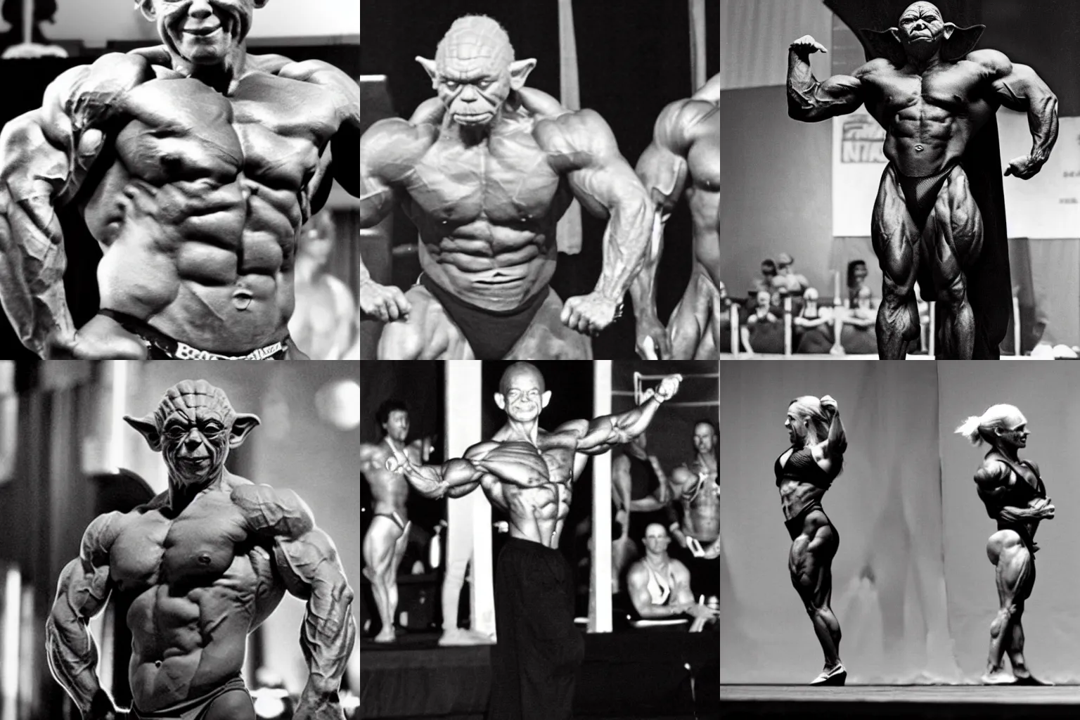 Prompt: Yoda competing at a bodybuilding contest