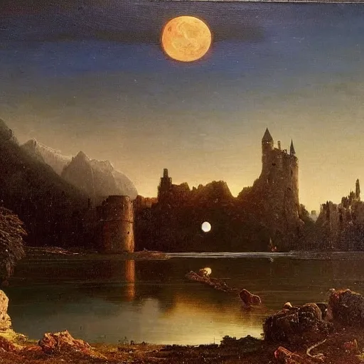 Image similar to an exceptional oil landscape painting of a medieval castle on a beautiful landscape with lake, forest, jagged mountains in the distance, the moon is ultra high resolution in the sky, high resolution albert bierstadt