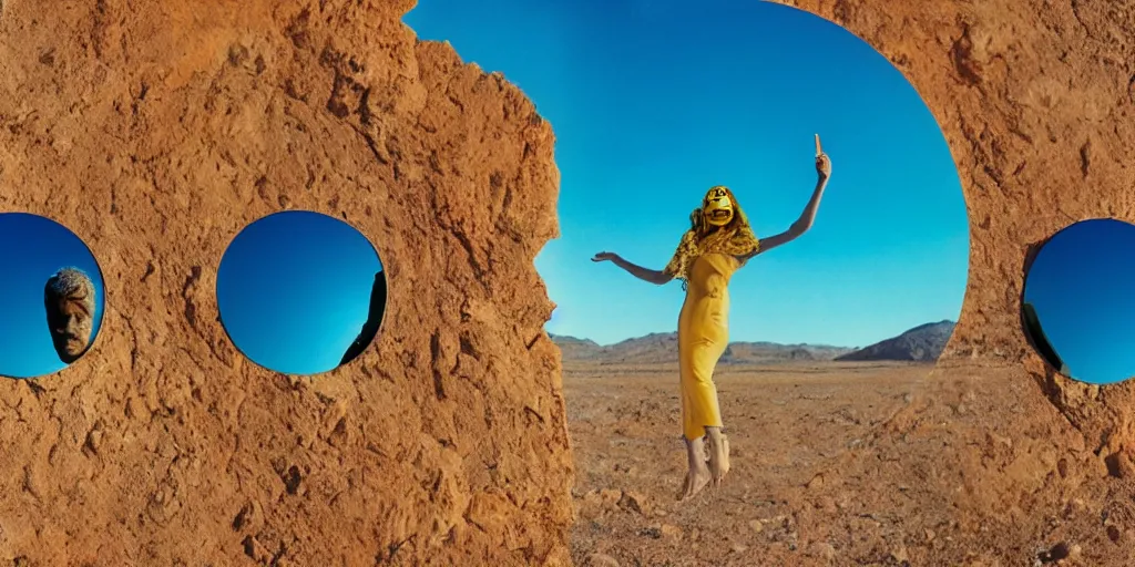 Prompt: levitating woman with full - face golden mask in a infinite dry rocky desert landscape, visible sky and sunny atmosphere, fata morgana and giant square mirrors by alejandro jodorowsky, anamorphic lens, kodakchrome, practical effects, masterpiece, 8 k