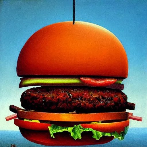 Image similar to painting of a burger with a mouth in the style of beksinski