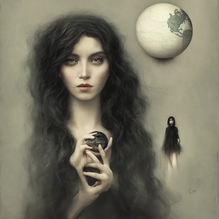 Image similar to a woman in black with long hair holding a small globe by tom bagshaw