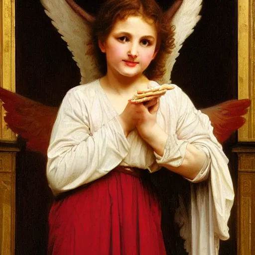 Image similar to an oil painting of an angel inside a theater eating Skittles, by Bouguereau, highly realistic and intricate