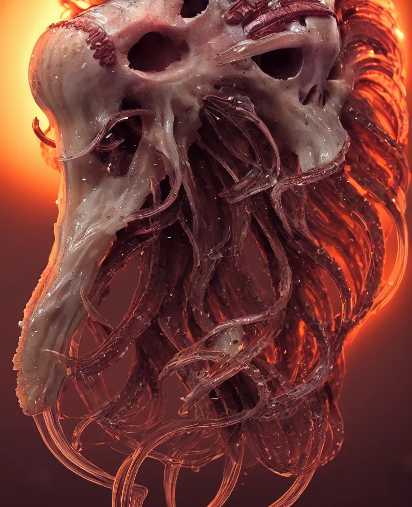 Image similar to goddess close-up portrait ram skull. jellyfish phoenix head, nautilus, orchid, ram skull, betta fish, bioluminiscent creatures, intricate artwork by Tooth Wu and wlop and beeple. octane render, trending on artstation, greg rutkowski very coherent symmetrical artwork. cinematic, hyper realism, high detail, octane render, 8k