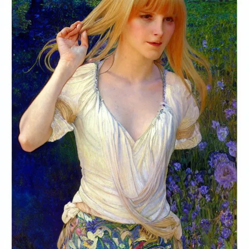 Prompt: A woman with blonde long hair and short bangs haircut in shorts and white shirt drawn by Donato Giancola and Jon Foster, frank frazetta, alphonse mucha, background by James Jean and gustav klimt, 4k, volumetric lighting, french nouveau, trending on artstation, octane render, hyperrealistic