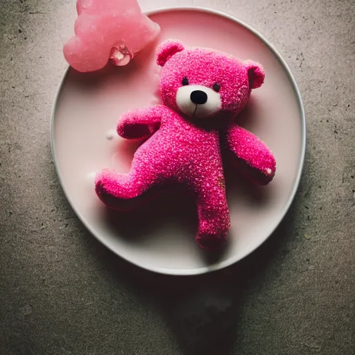 Prompt: realistic photograph of a cute pink teddy bear under a shower of gummy candies, outdoor, noontime, 85mm