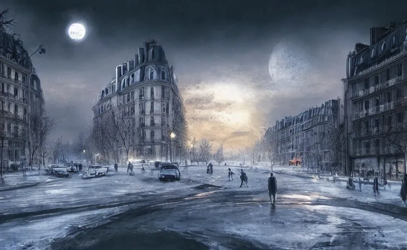 Prompt: nuclear winter, paris, near future, fantasy, sci - fi, hyper realistic, serene.