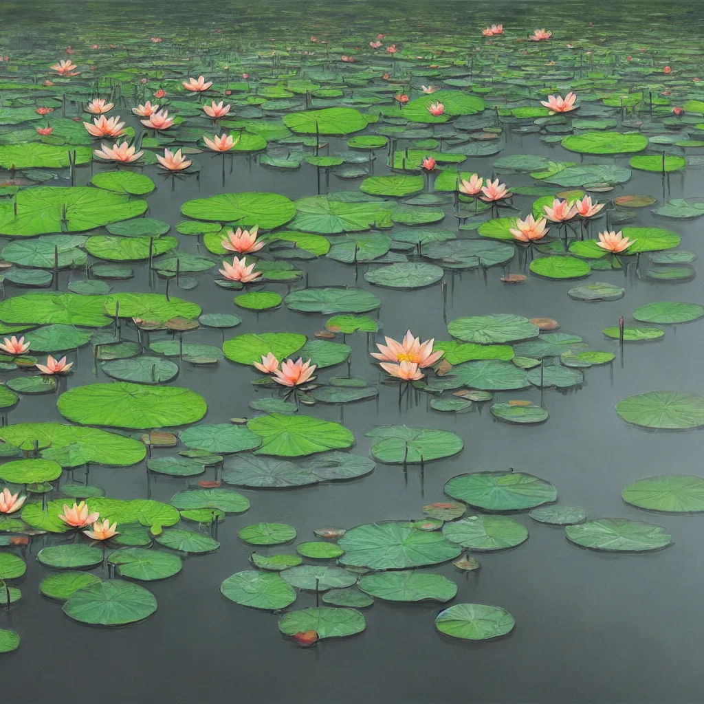 Prompt: a pond with lotus flowers and leaves, watching through frosted glass, photorealistic, detailed, realistic render, hyper realism, summer color pattern, album cover, trending in artstation