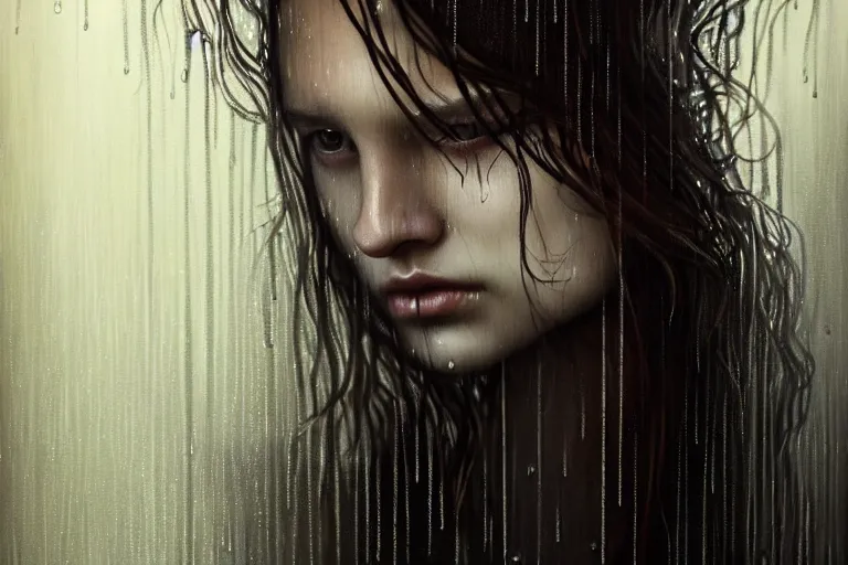 Image similar to portrait of a girl in the rain with wet hair and face, fantasy, intricate, elegant, dramatic lighting, emotionally evoking symbolic metaphor, highly detailed, lifelike, photorealistic, digital painting, artstation, concept art, smooth, sharp focus, illustration, art by John Collier and Albert Aublet and Krenz Cushart and Artem Demura and Alphonse Mucha