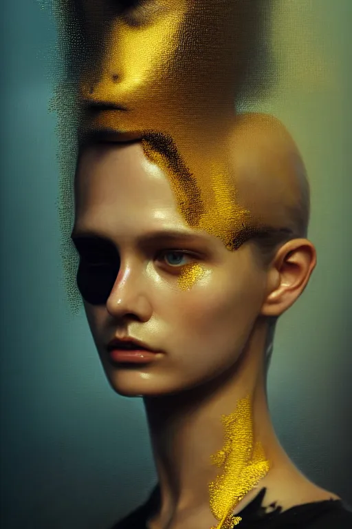 Prompt: 3 d, close - up, sleepy fashion model, rat ears, liquid gold and black water, sleepy fashion model, morning, sun rays, vogue cover style, poster art, hyper detail, intricate oil painting, multiple exposure, morning mood, 3 d, by tooth wu and wlop and beeple and greg rutkowski