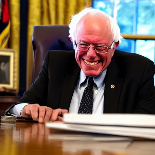 Image similar to president bernie sanders smiling in the oval office