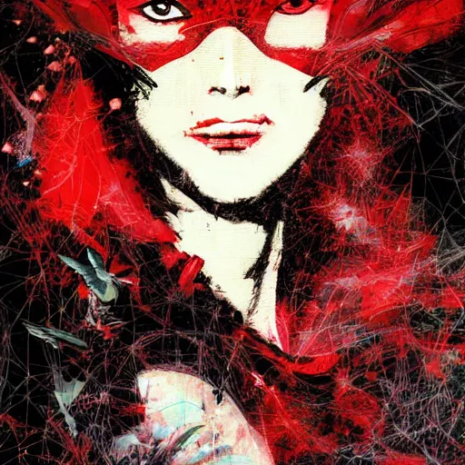 Image similar to portrait of a daydreaming latina woman in a red hood being progressively rasterized into pixels, surrounded by digital birds, by yoji shinkawa, esao andrews and dave mckean