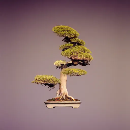 Image similar to A picture of a planet of various flowers, fungus and plants, Bonsai , in which the human figure is dressed in something magical and impressive, inside the picture is infinity, muted light, BotanicalAtmospheric phenomenon, artistic photography, muted colors, conceptual, Kodachrome