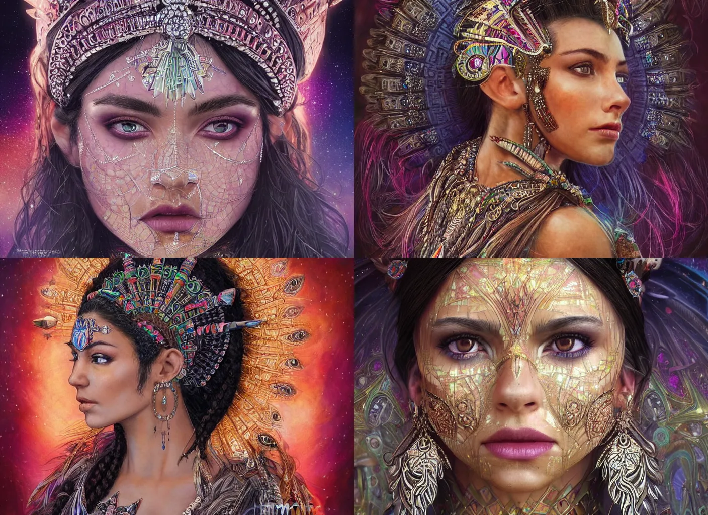 Prompt: realistic character concept, aztec princess with lots of crystals in the face, elegant pose, scifi, illustration, symmetrical face and body, artstation, pinterest, cinematic lighting, hyperdetailed, 8 k, inspirate by michael shapcott + david walker, insanely detailed and intricate, elegant, dark fractal background, vfx, art deco, postprocessing