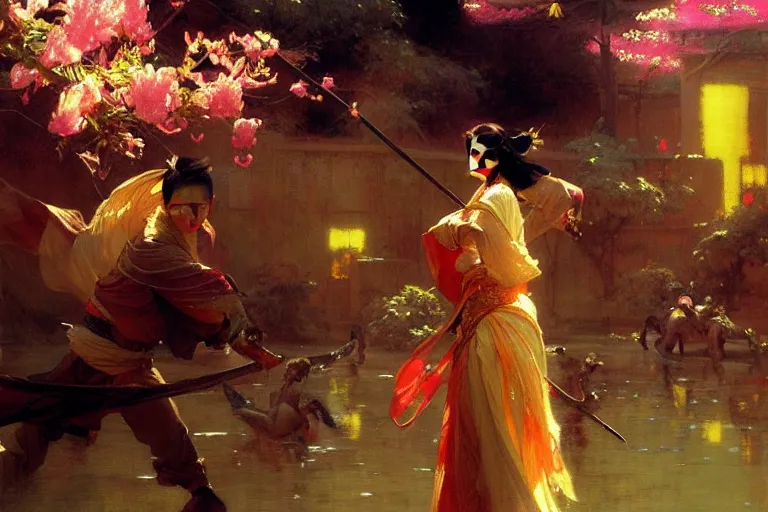 Image similar to wuxia, spring, neon light, painting by gaston bussiere, craig mullins, j. c. leyendecker