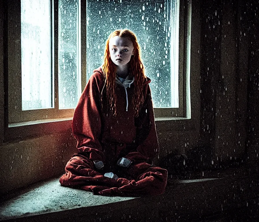 Prompt: sadie sink in hoodie sits on windowsill, knees tucked in | rain falls at night : storyboard, scifi cyberpunk. by gabriel hardman, joe alves, j. todd anderson, chris bonura. cinematic atmosphere, detailed and intricate, perfect anatomy