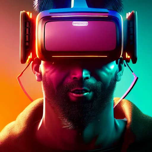 Prompt: Colour Cyberpunk 2077 style Photography of 1000 years old man with highly detailed 1000 years old face wearing higly detailed cyberpunk VR Headset designed by Josan Gonzalez Many details. . In style of Josan Gonzalez and Mike Winkelmann andgreg rutkowski and alphonse muchaand Caspar David Friedrich and Stephen Hickman and James Gurney and Hiromasa Ogura. Rendered in Blender