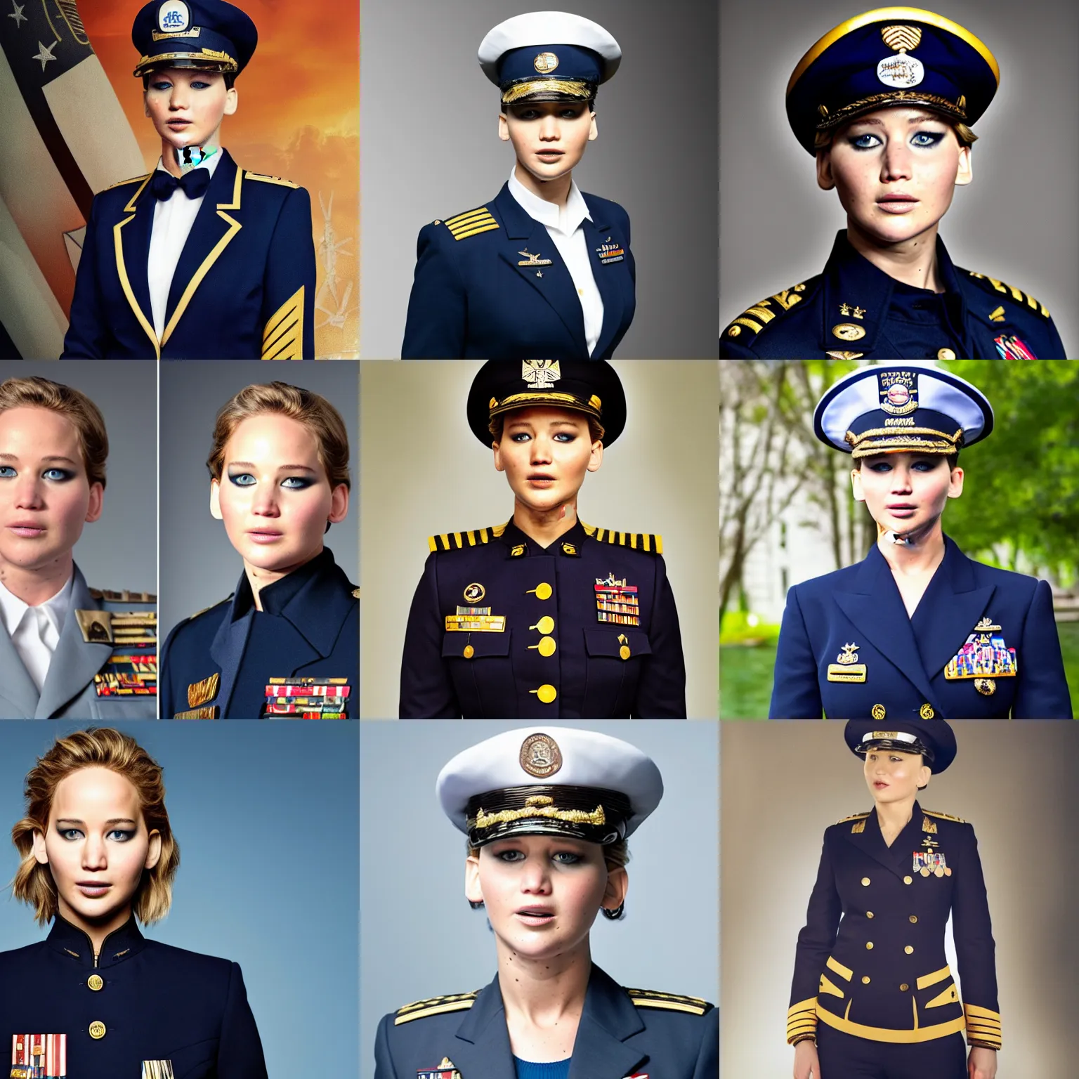 Prompt: Jennifer Lawrence as a Navy Admiral wearing a reefer jacket and peaked cap, photo portrait