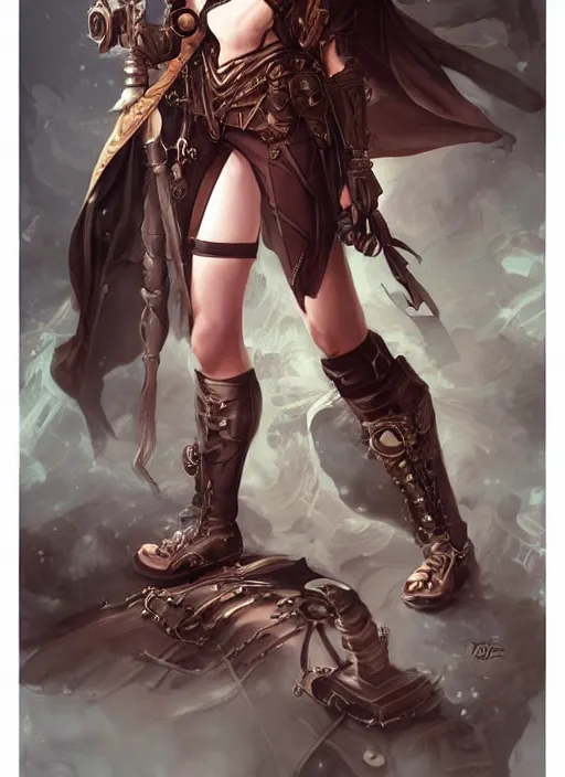 Prompt: character concept art for a steampunk fantasy rpg, full body, fantasy painterly style, artwork by ross tran, artgerm