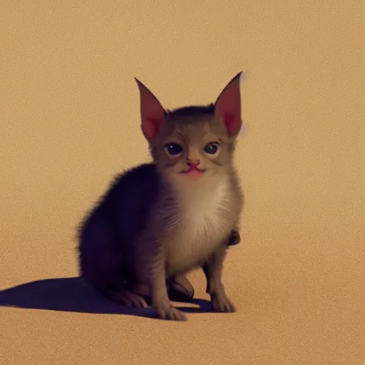 Prompt: a Bat kitten is eating a sandwich on sand which is sandy, 8k octane render.