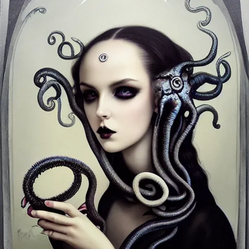 Image similar to By Tom Bagshaw, ultra realist soft painting of a curiosities carnival bubbles and tentacles by night, very beautiful female dollpunk in full gothic dress, symmetry accurate features, very intricate details, omnious sky, black and white, volumetric light clouds