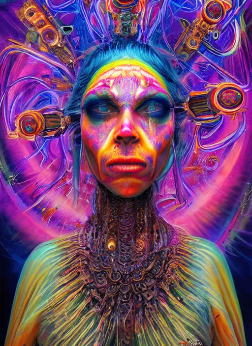 Image similar to portrait ultra dimensional cult girl shaman, accidentally tripping on dmt and acid, psychedelic experience, ascending through the fifth dimension moving at the speed of light and sitting still, ultra high definition, unreal engine 5, hyperrealism, masterpiece composition, by peter kemp, casey weldon, barclay shaw