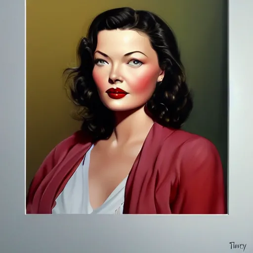 Image similar to young beautiful Gene Tierney color studio publicity photo , tight face shot portrait, highly detailed, digital painting, artstation, concept art, sharp focus, illustration, art , by norman rockwell